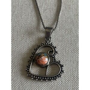 Sterling Silver 925 Pendant Necklace Heart Swirl Beaded Frame 15" Chain